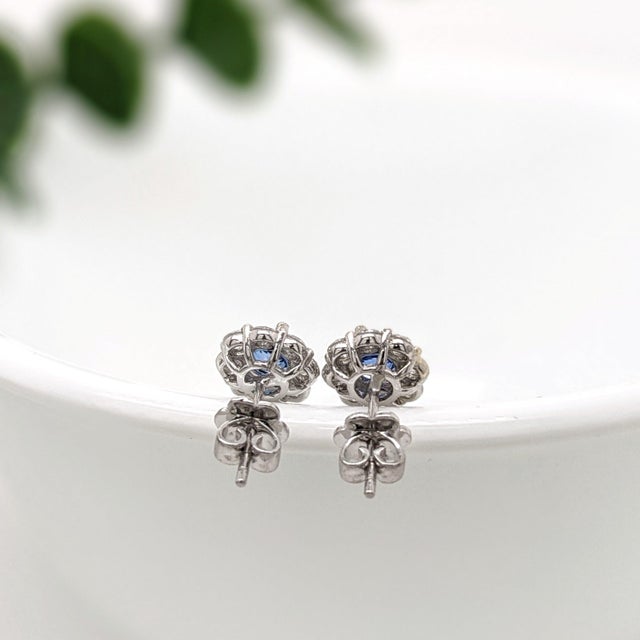 Blue Sapphire Stud Earrings With Natural Diamonds: Solid 14k Gold, Round 4mm, Pair For Sale In Columbus - Image 6 of 6
