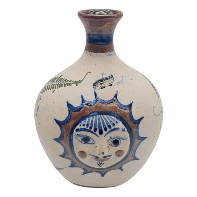 VTG Tonala Folk Art Pottery Vase Bottle Sun Face Hand Painted Mexico 9.5" For Sale