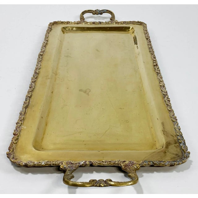 Vintage Large Rectangular Scrolled Edge Handled Brass Tray For Sale In Kansas City - Image 6 of 9