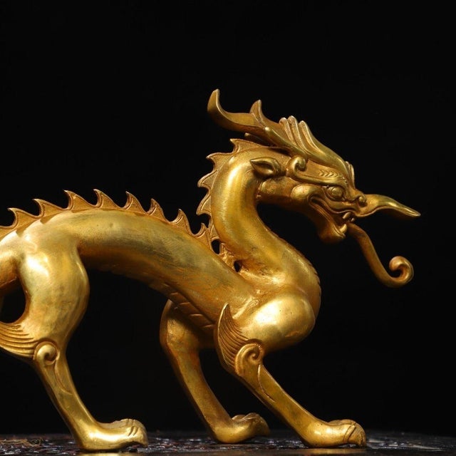 Metal Vintage Gilt Copper Striding Dragon Statue / Scholar's Desk Object For Sale - Image 7 of 9