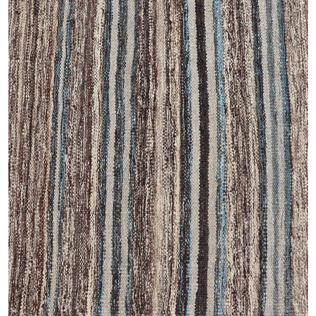 Modern Tribal Kilim Runner in Denim Blue, Brown, and Ivory Striped Design For Sale - Image 9 of 11