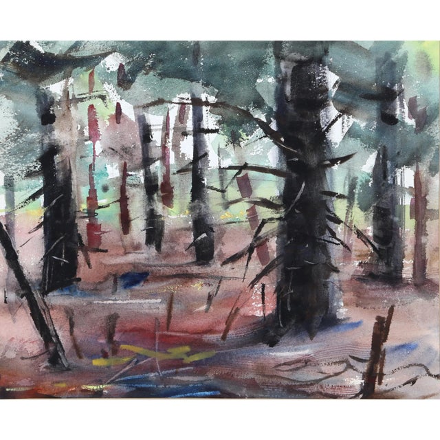 Eve Nethercott's quaint rendering of a wooded area with tall pine trees and minimal sunlight focuses on the natural beauty...