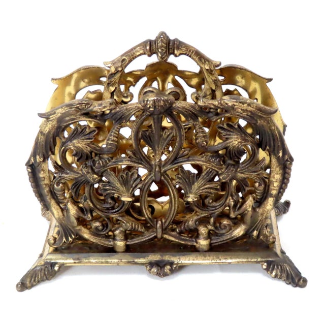 Victorian Antique Bronze Gilt Cast Iron Letter Rack With Dolphins For Sale - Image 3 of 13