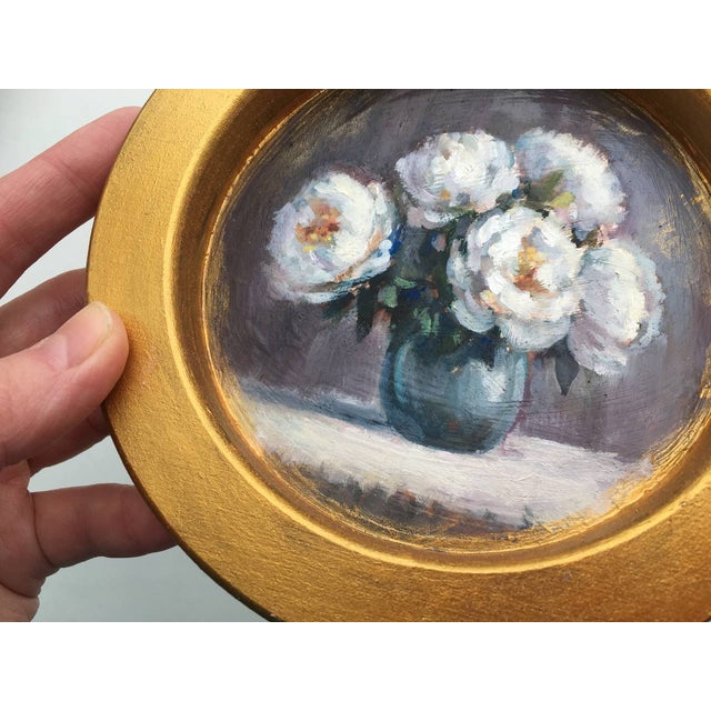 Framed Original Floral White Peonies Painting Round Wall Decor by Valeriya Serova For Sale - Image 9 of 9