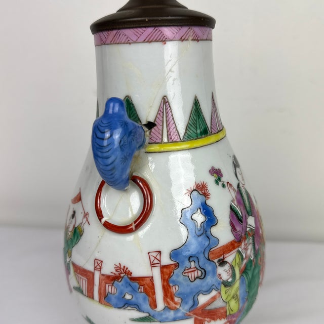 Wood Early 20th Century Small Famille Rose Lamp on Stand For Sale - Image 7 of 8