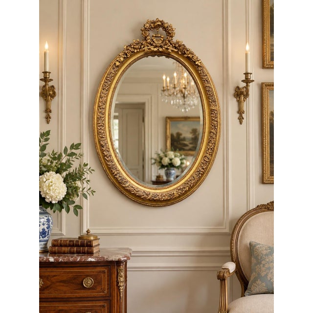 1970s 1970 Artisan Louis XVI Gold Beech Oval Wall Mirror For Sale - Image 5 of 10