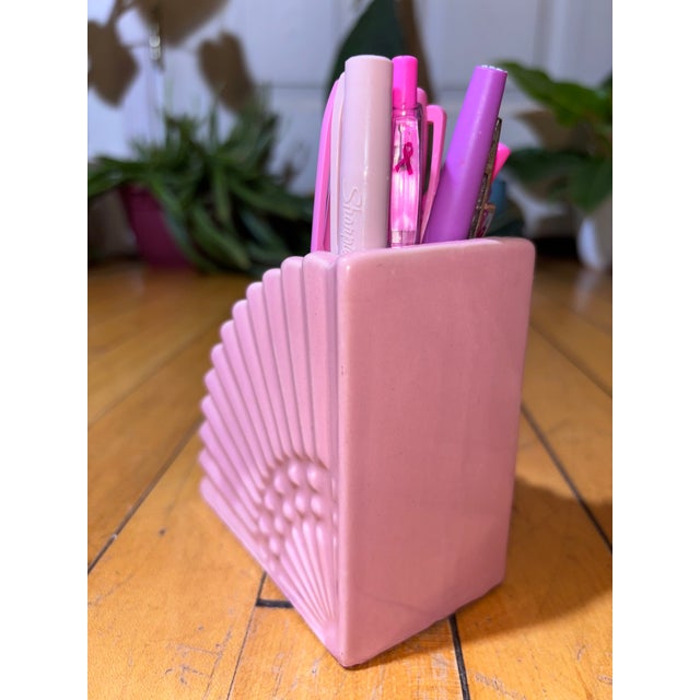 Vintage MCM Pink Ceramic Fan Vase Planter For Sale - Image 12 of 14