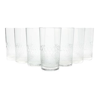 1950s Vintage Mid-Century 7 Highball Tumbler Glasses Criss-Cross X Fishnet Cuts For Sale