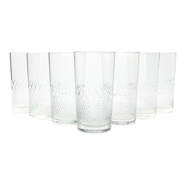 1950s Vintage Mid-Century 7 Highball Tumbler Glasses Criss-Cross X Fishnet Cuts For Sale