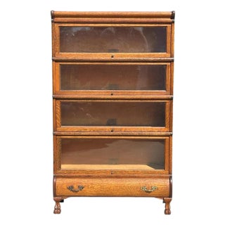 Antique Tiger Oak Four Section Barrister Bookcase With Drawer by Globe Wernicke For Sale
