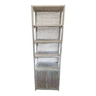Vintage Tall Rustic White Wicker Rattan Cabinet Shelf With Bottom Dual Magnetic Stay Shut Doors For Sale