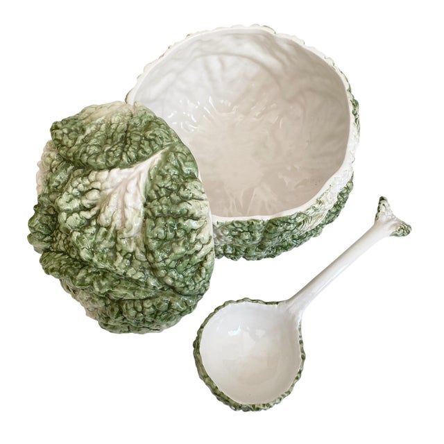 Large Vintage Majolica Cabbage Lidded Soup Tureen & Ladle For Sale - Image 9 of 12