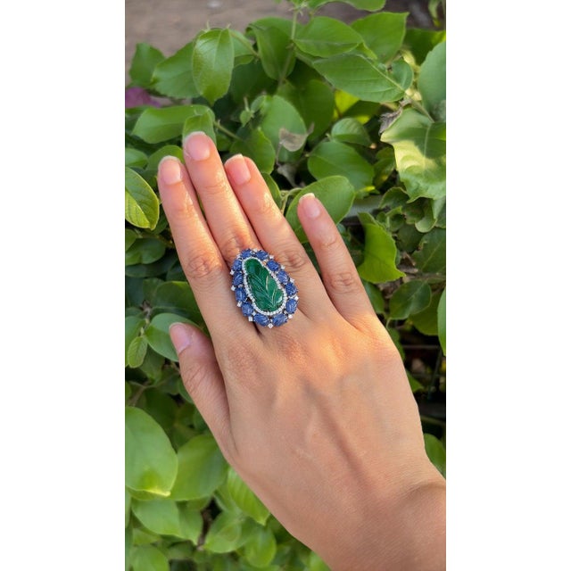 Set in 18k Gold, Carved Zambian Emerald, Blue Sapphires & Diamonds Cocktail Ring, Size 6 For Sale - Image 6 of 9