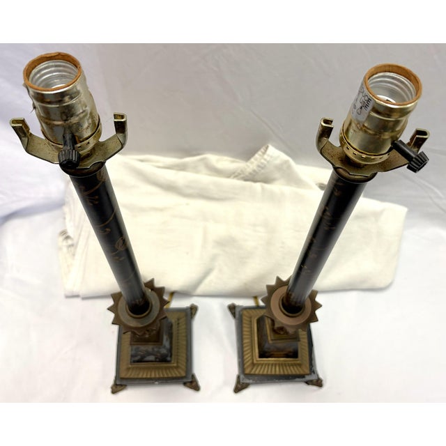 French Vintage French Tole and Brass Candlestick Lamps With Pineapple Motif- A Pair For Sale - Image 3 of 18