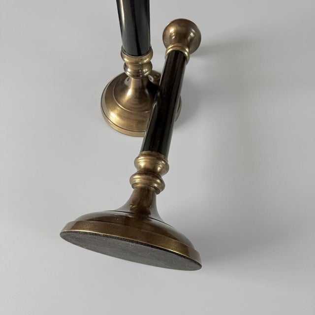 Vintage Neoclassical Brass and Black Metal Column Candlesticks, 1980s, Set of 2 For Sale - Image 9 of 10