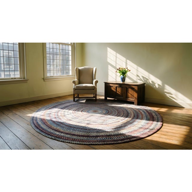 Cute Multi Color Background Wtih Folk Art Styles Round Antique American Braided Rug For Sale - Image 15 of 15