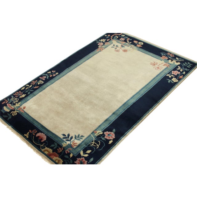 Art Deco Vintage Chinese Deco Style Rug, Off-White Field, Blue and Pink Floral Border For Sale - Image 3 of 6
