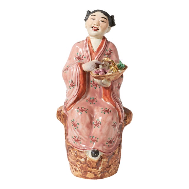 Vintage Porcelain Figurine of Chinese Woman With Basket of Produce For Sale