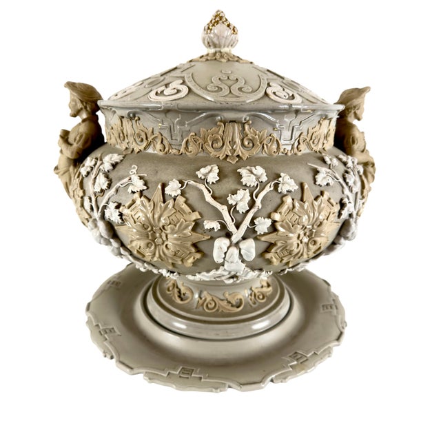 Victorian Antique Continental Bisque Punch Bowl or Wine Server Tureen With Bacchus Relief & Grape Finial, Late 19th Century For Sale - Image 3 of 12