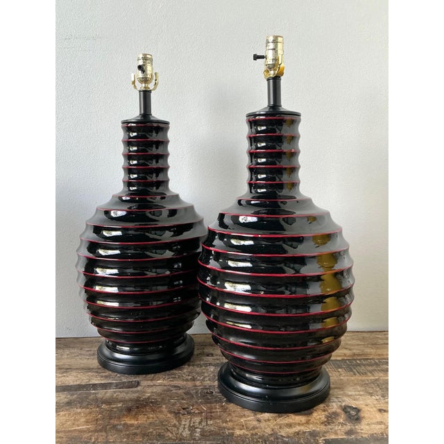 Metal Vintage Glazed Ceramic Ribbed Table Lamps - A Pair For Sale - Image 7 of 13
