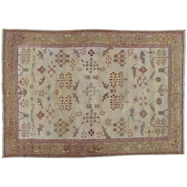 Antique Persian Sultanabad Carpet, Handmade Oriental Rug, Ivory, Gold, Green For Sale - Image 4 of 5