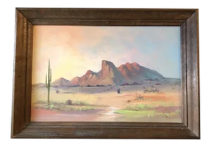 Original Vintage Southwest Desert Landscape Painting Signed Original Wood Frame 1960’s