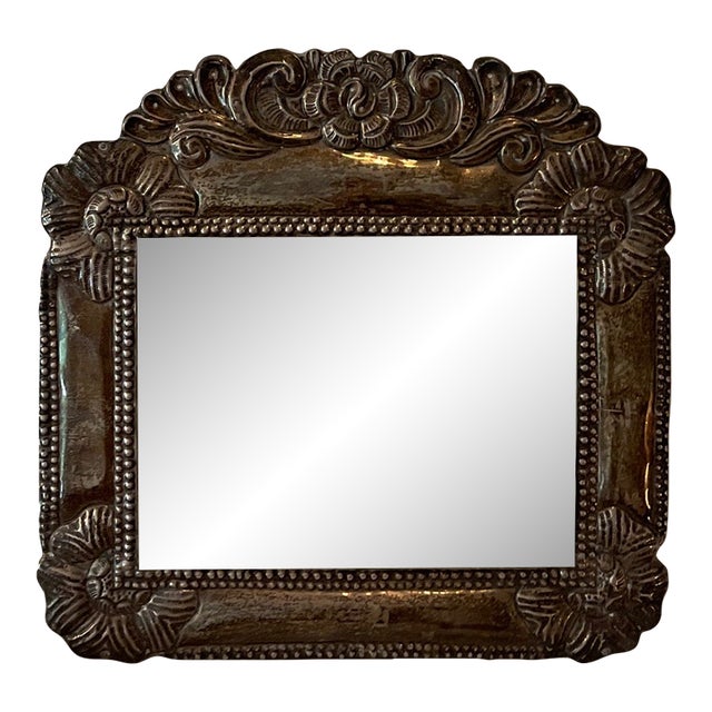 1930s Fleur Motif Pewter Mirror With Stand For Sale