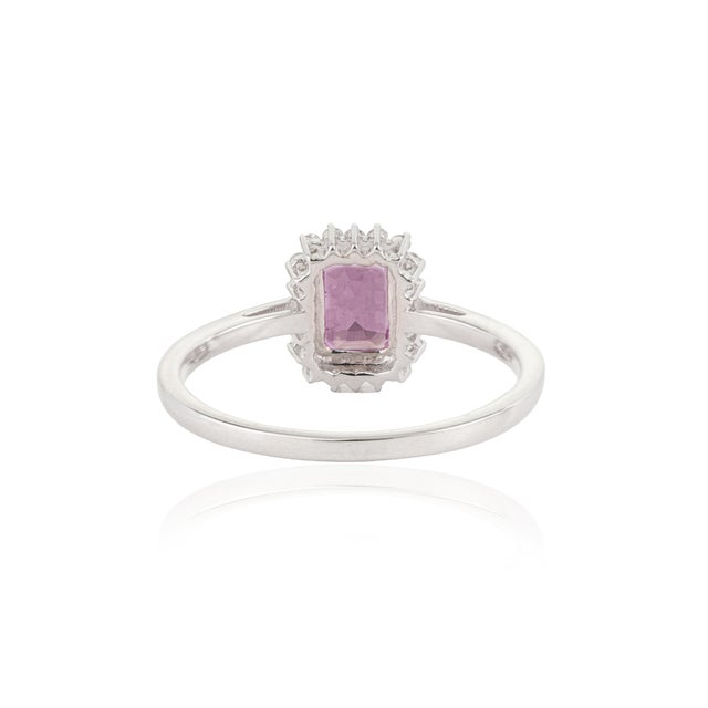 Art Deco Emerald-Cut Pink Sapphire & Diamond Halo Ring in 14k White Gold Size 4 For Sale - Image 9 of 16