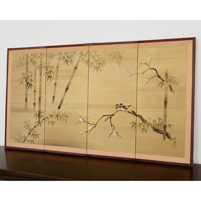 Japanese Japanese Showa Four Panel Screen Spring Bamboo Landscape For Sale - Image 3 of 18
