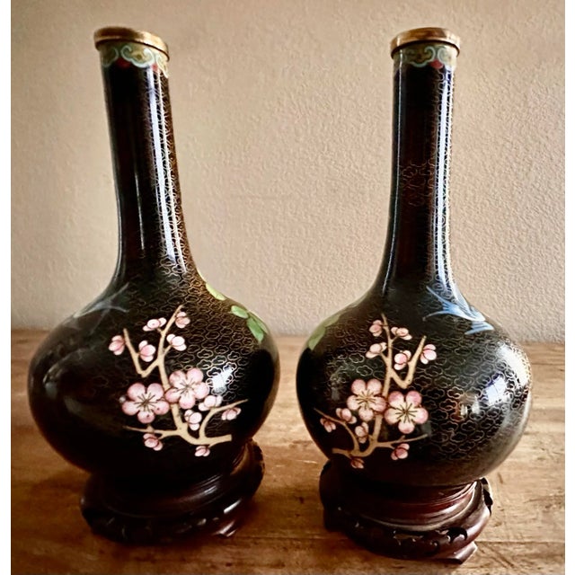 Late 19th Century Antique Pair of Mirrored Gilt Bronze Cloisonné Enamel Floral Bird Noir Vases With Wooden Bases For Sale - Image 4 of 12