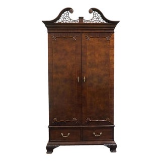 Century Furniture Solid Mahogany Traditional Chippendale Style 47" Clothing Armoire W. Pierced Wood Pediment For Sale