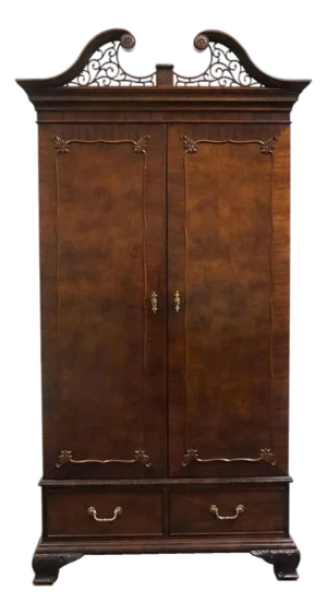 Century Furniture Solid Mahogany Traditional Chippendale Style 47" Clothing Armoire W. Pierced Wood Pediment