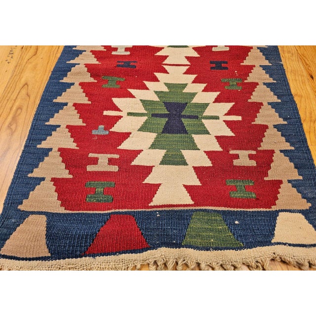 Vintage Turkish Kilim Area Rug, Handwoven Wool, Geometric Pattern, Red & Ivory, 2x3 For Sale In Chicago - Image 6 of 11