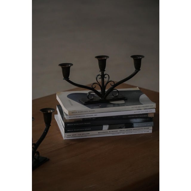 Early 20th Century Art Deco Danish Metal Three-Arm Candelabra, 1930s, Set of 2 For Sale - Image 11 of 18