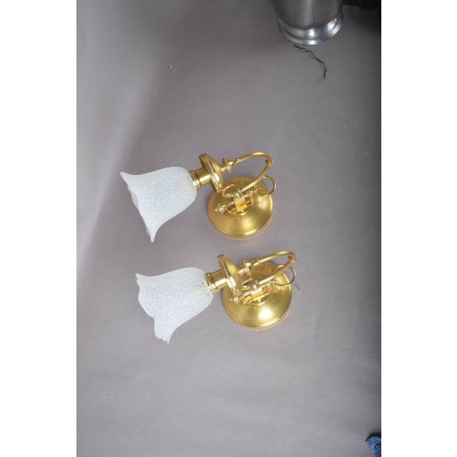 Brass Wall Sconces with Frosted Textured Tulip Glass Shades, 1950s, Set of 2 For Sale - Image 6 of 15