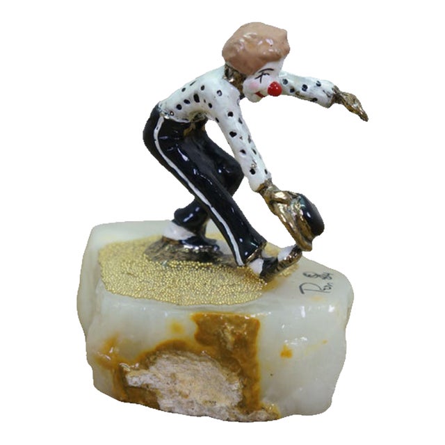 1984 Ron Lee Signed 24k Gold Dancing Polka Dot Clown Sculpture Onyx 4" For Sale