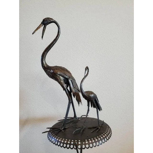 1940s French Mid-Century Japanesque Bronze Crane Bird Sculptures on Wrought Iron Pedestal - Zen Garden Statue For Sale In Dallas - Image 6 of 11