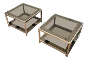 Large Octogonal Chromed Side Tables with Bronze Glass Tops, French - A Pair