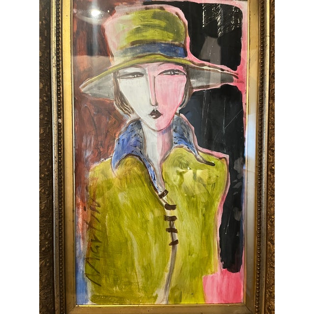 Acrylic on Panel Portrait of Woman in a 40's-50's Style titled "LuLu". Original painting in antique gilt frame. By Houston...