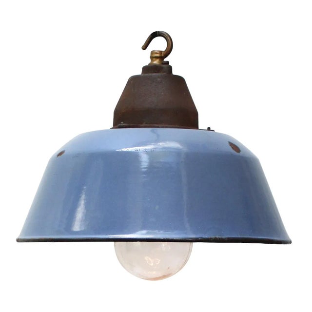 Vintage Industrial Blue Enamel, Clear Glass and Cast Iron Pendant Light For Sale - Image 5 of 5