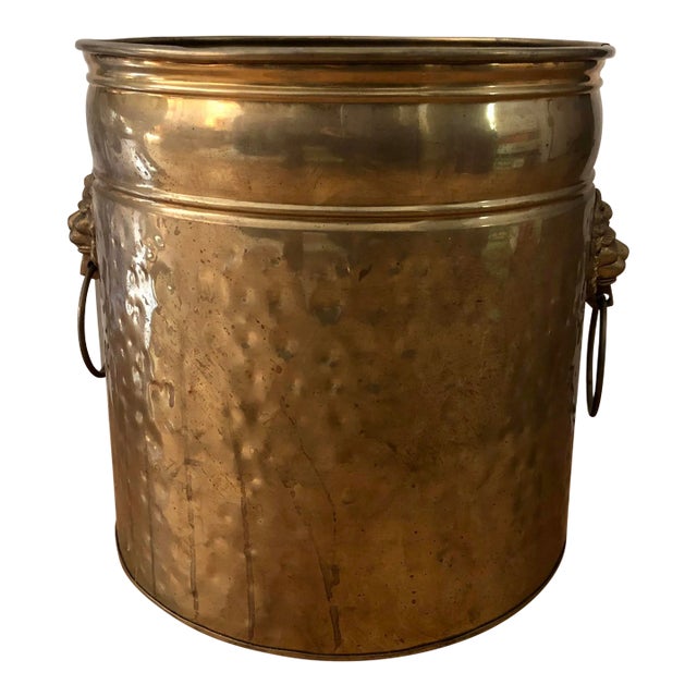 Vintage Large Brass Planter With Lion Knocker Accents For Sale