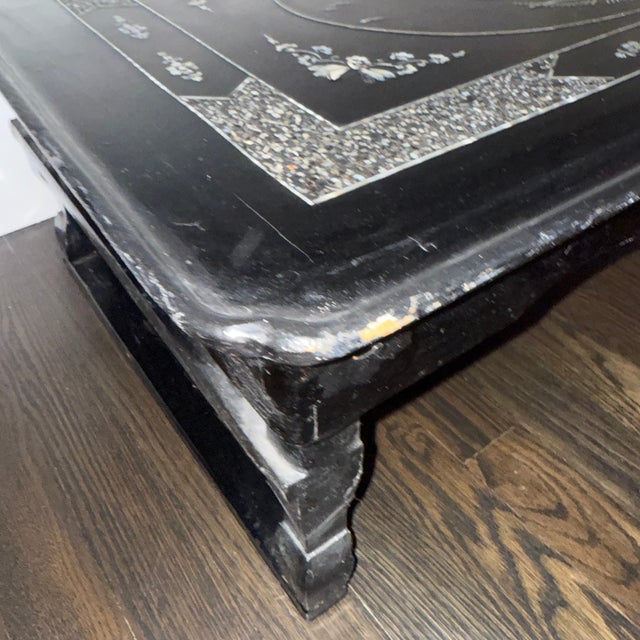 Early 20th Century Low Asian Style Table With Intricate Mother of Pearl Inlay For Sale - Image 4 of 11