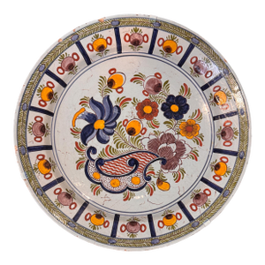 18th Century Delft Polychrome Charger With Floral and Scroll Motif