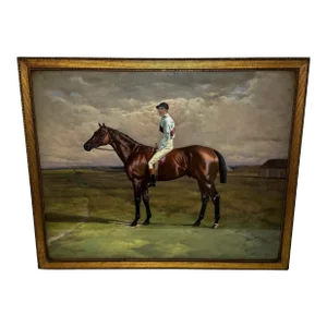 Large Victorian British Sporting Oil Painting of Derby Winner Melton With Champion Jockey Fred Archer by F. S. Evans, Dated 1885