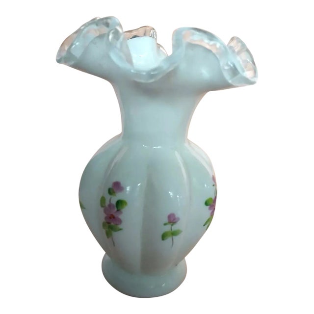 1970s Vintage Fenton Silver Crest Milk Glass Ruffled Vase For Sale