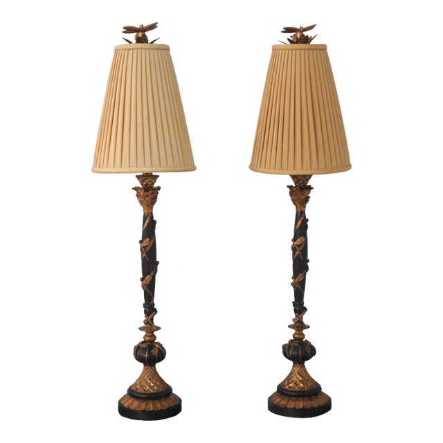 Regency Style Pair of Black & Gold Tall Table Lamps W. Dragonflies For Sale