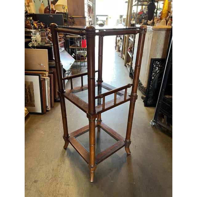 Late 20th Century Three-Tier Faux Bamboo & Smoke Glass Etagere Shelf For Sale - Image 5 of 6