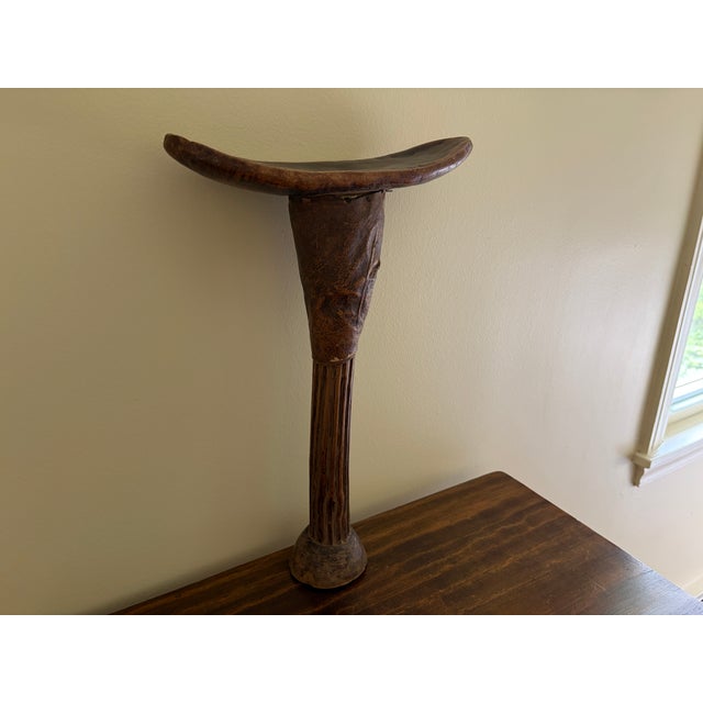 Vintage East African Carved Wood and Leather Pastoralist Headrest Stool For Sale In South Bend - Image 6 of 14