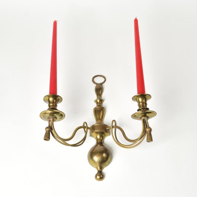 Pair of Hollywood Regency Brass Rope & Tassel Wall Sconces | Double Taper Wall Candle Holders For Sale - Image 13 of 15