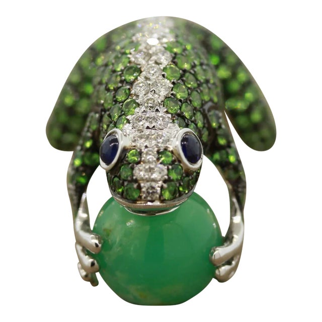 Tsavorite Diamond Sapphire Jade Gold Frog Ring, Size 6.75 For Sale